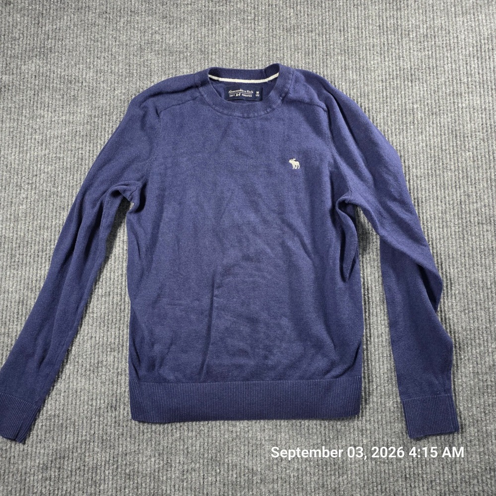 Abercrombie & Fitch Mens Soft A&F Crewneck Sweater Navy Blue Moose Logo Medium